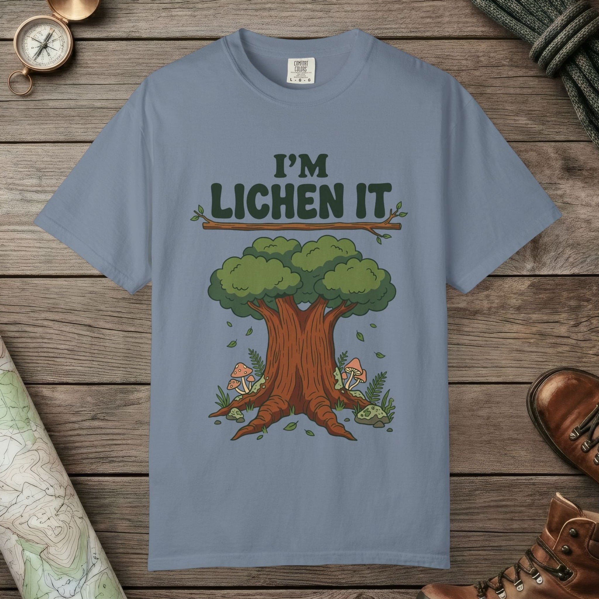 Blue Jean color unisex graphic t-shirt with "I'm Lichen It" design