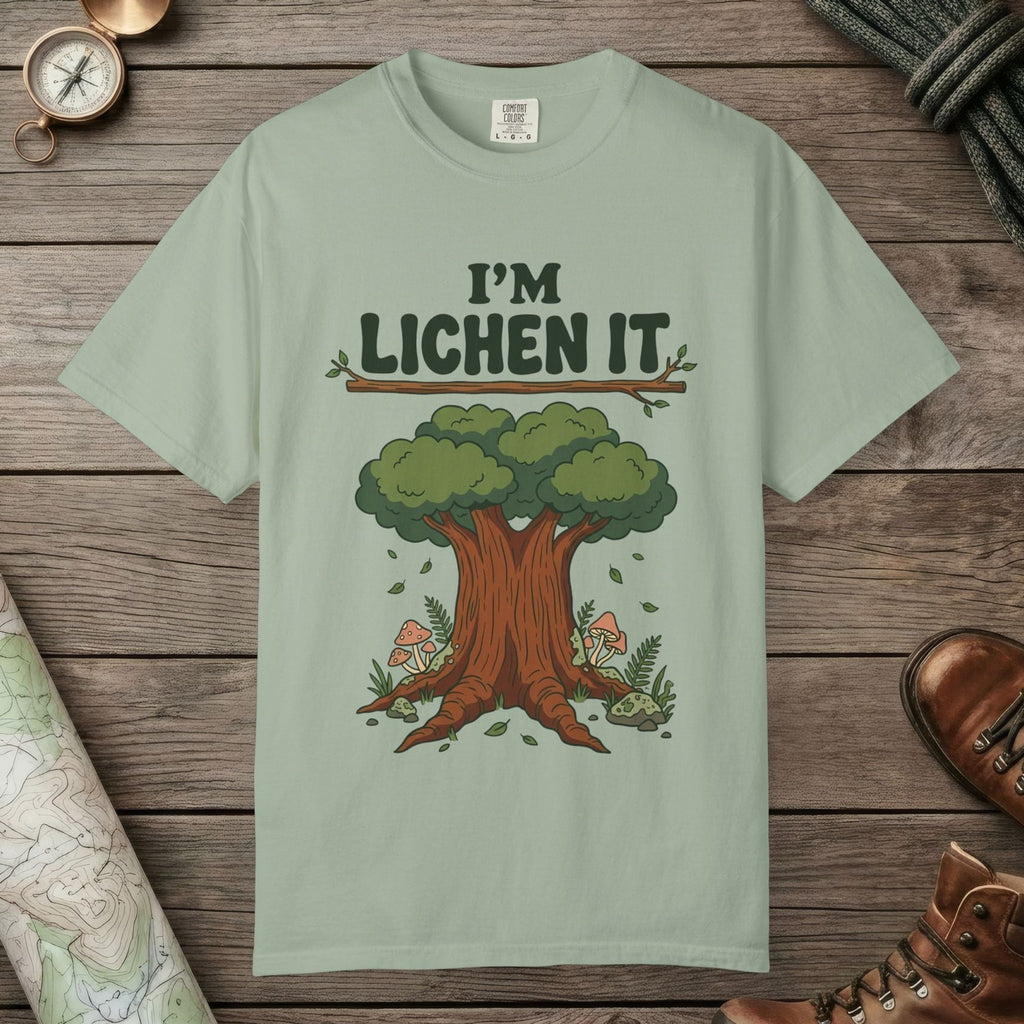 Bay color unisex graphic t-shirt with "I'm Lichen It" design