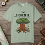 Bay color unisex graphic t-shirt with "I'm Lichen It" design