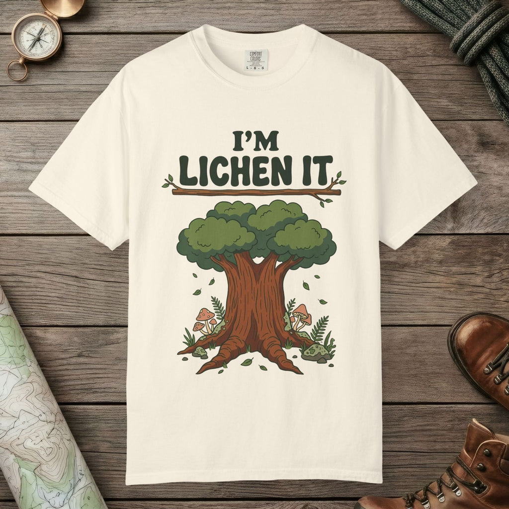 Ivory color unisex graphic t-shirt with "I'm Lichen It" design