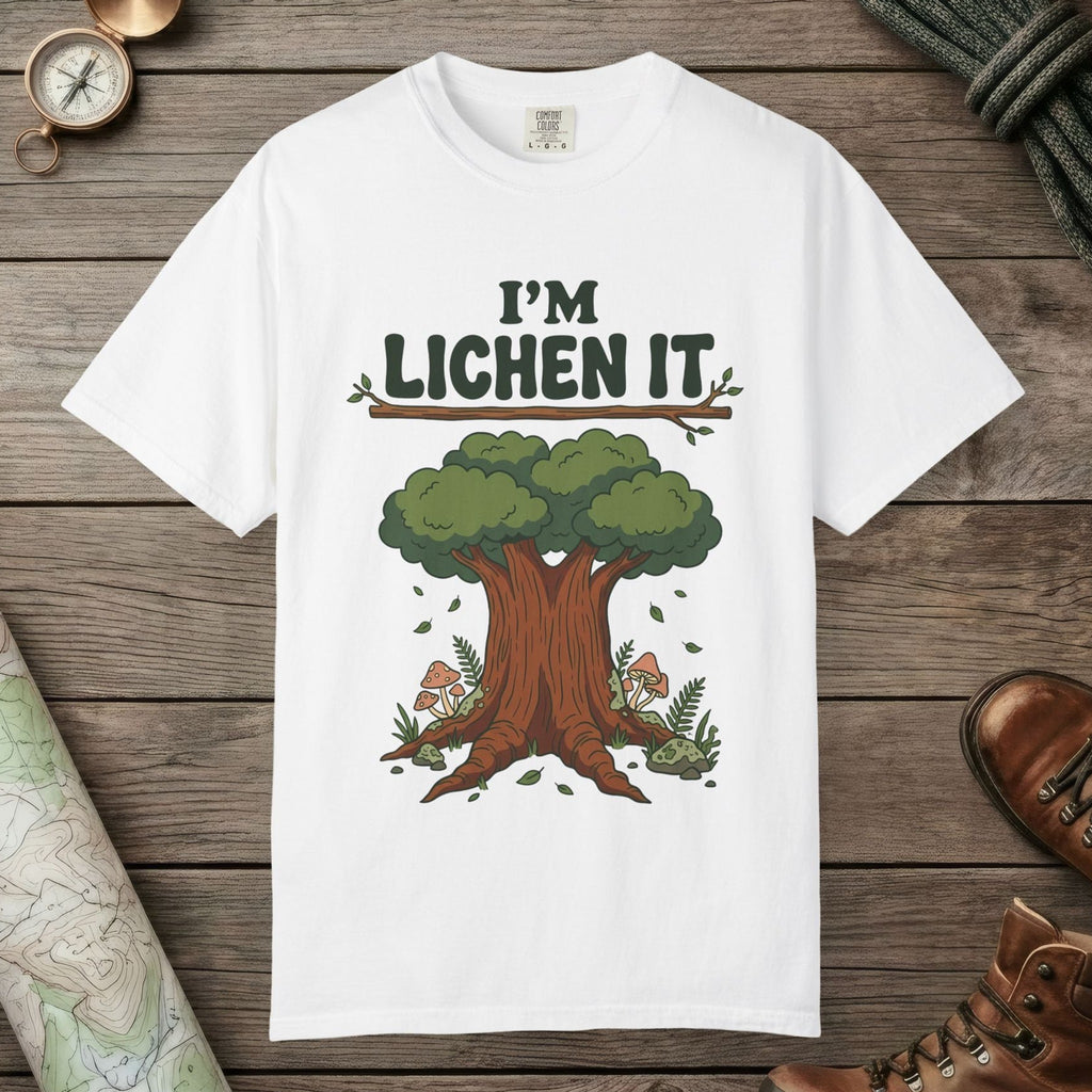 White color unisex graphic t-shirt with "I'm Lichen It" design