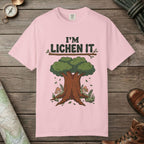 Blossom color unisex graphic t-shirt with "I'm Lichen It" design