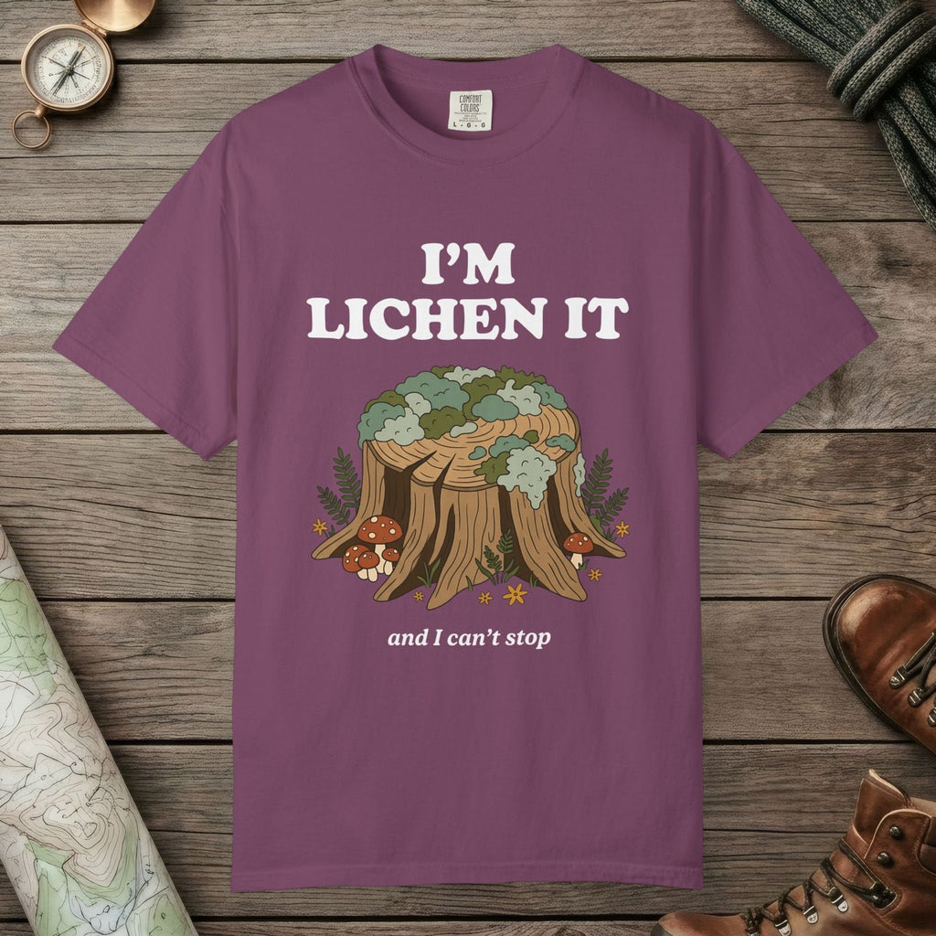 Berry color unisex graphic t-shirt with "I'm Lichen It" design