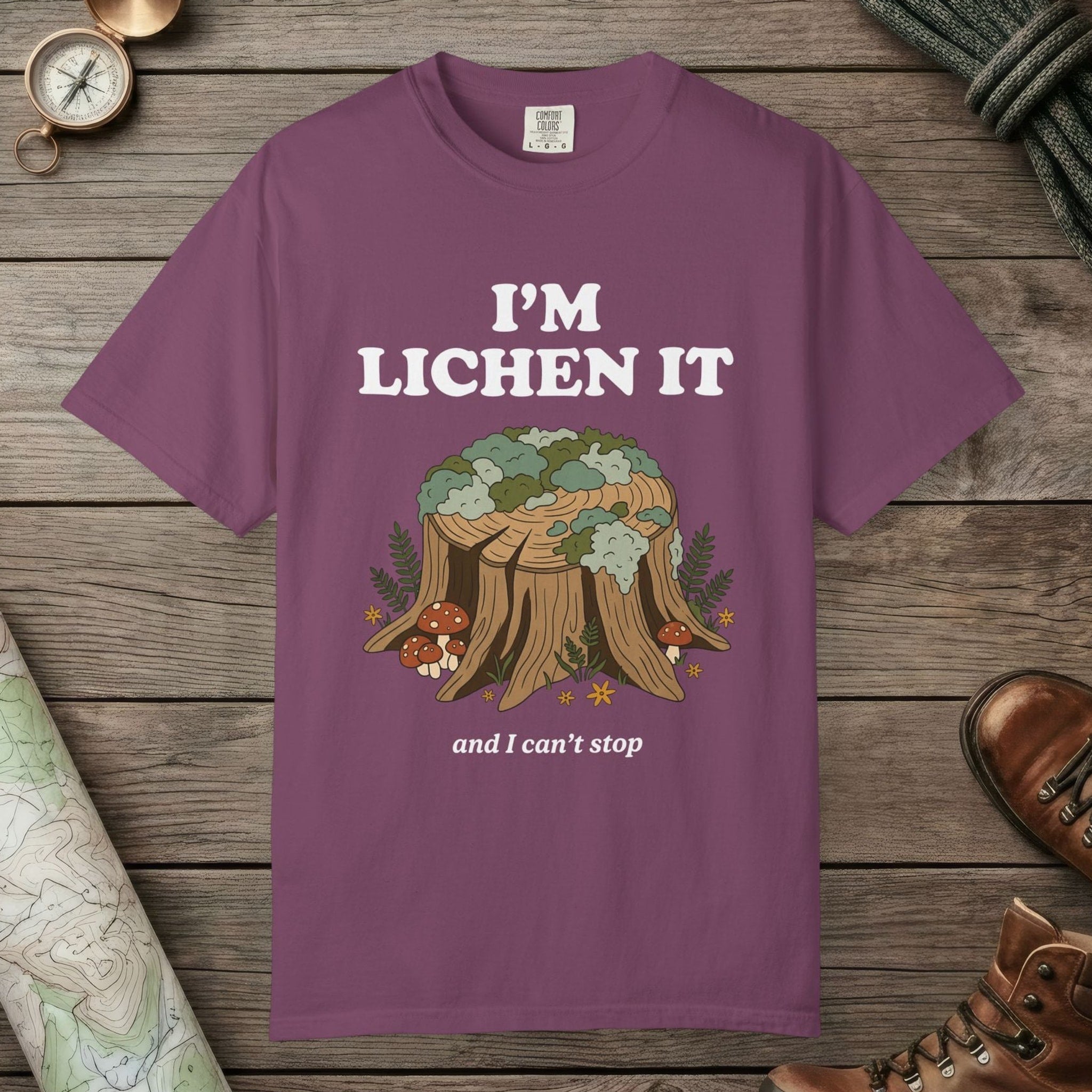 Berry color unisex graphic t-shirt with "I'm Lichen It" design