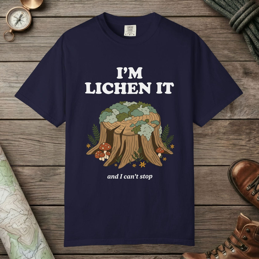 True Navy color unisex graphic t-shirt with "I'm Lichen It" design