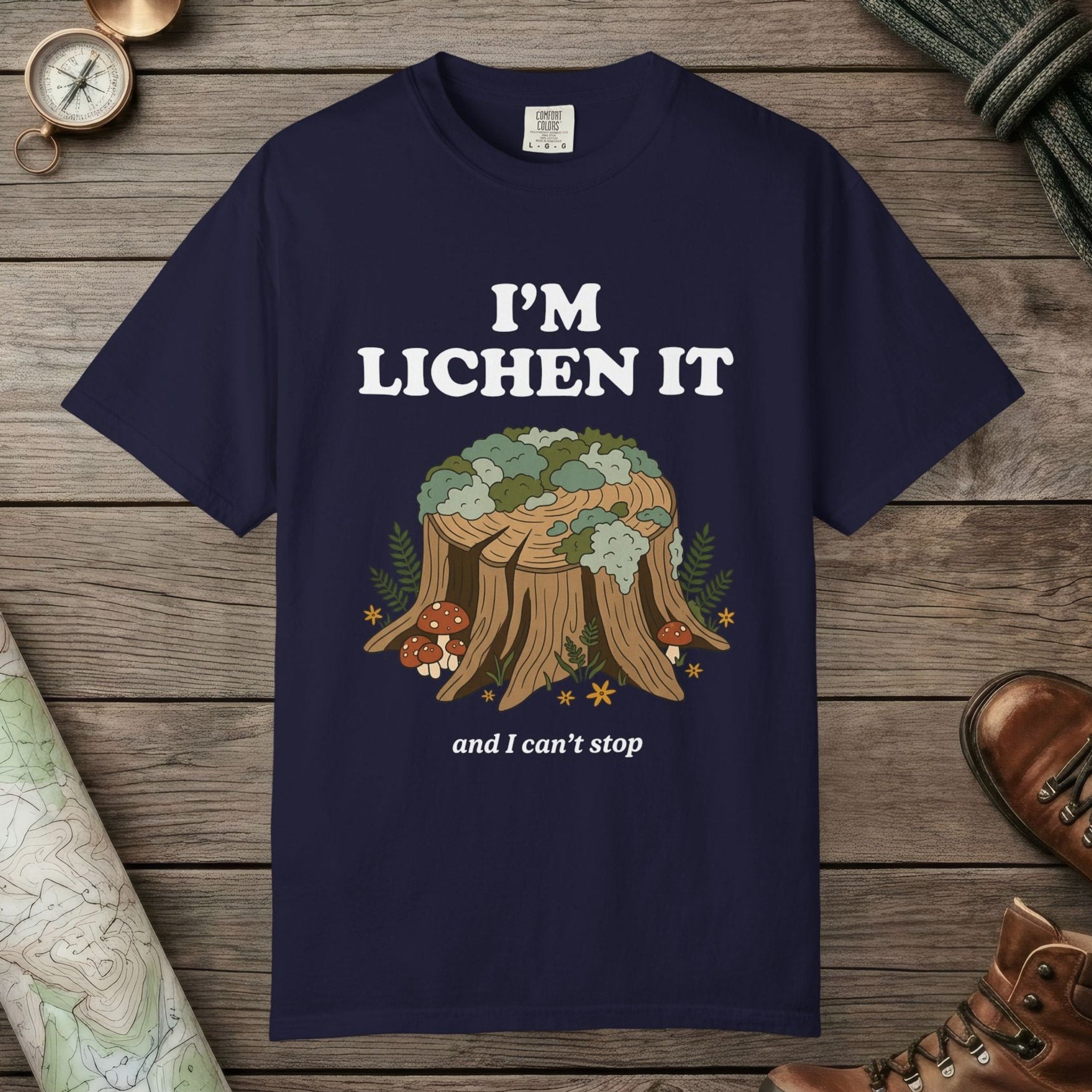 True Navy color unisex graphic t-shirt with "I'm Lichen It" design