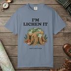 Blue Jean color unisex graphic t-shirt with "I'm Lichen It" design