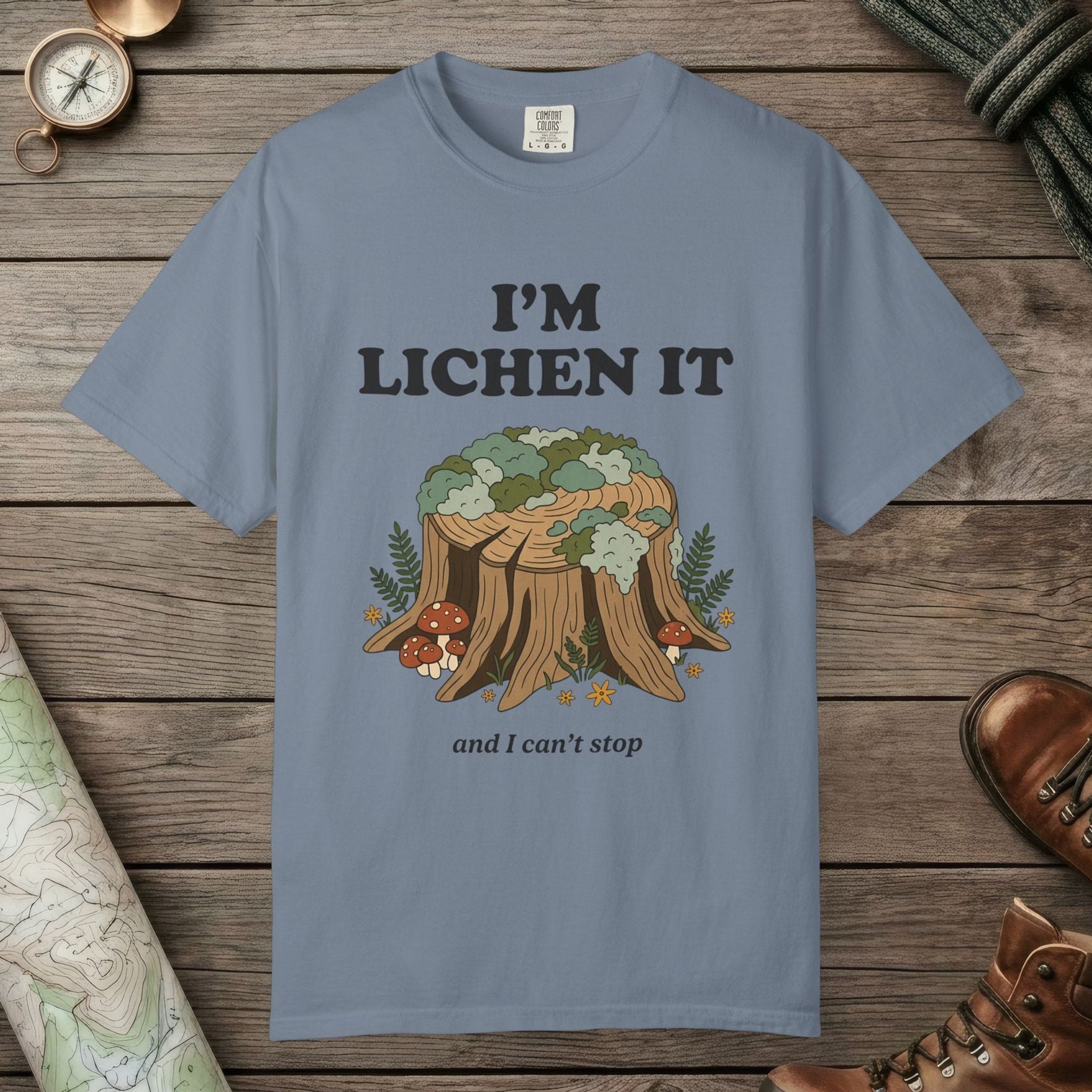 Blue Jean color unisex graphic t-shirt with "I'm Lichen It" design