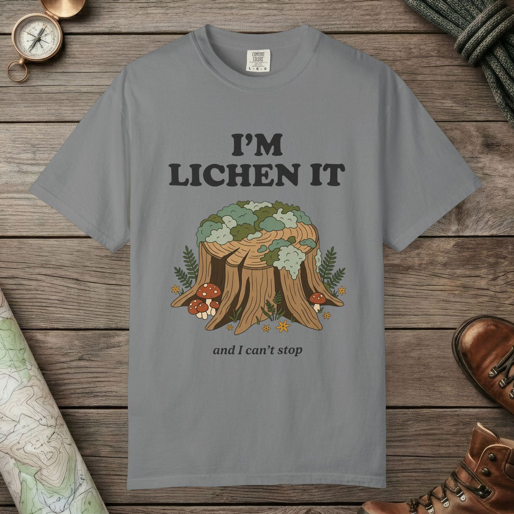 Grey color unisex graphic t-shirt with "I'm Lichen It" design