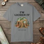 Grey color unisex graphic t-shirt with "I'm Lichen It" design