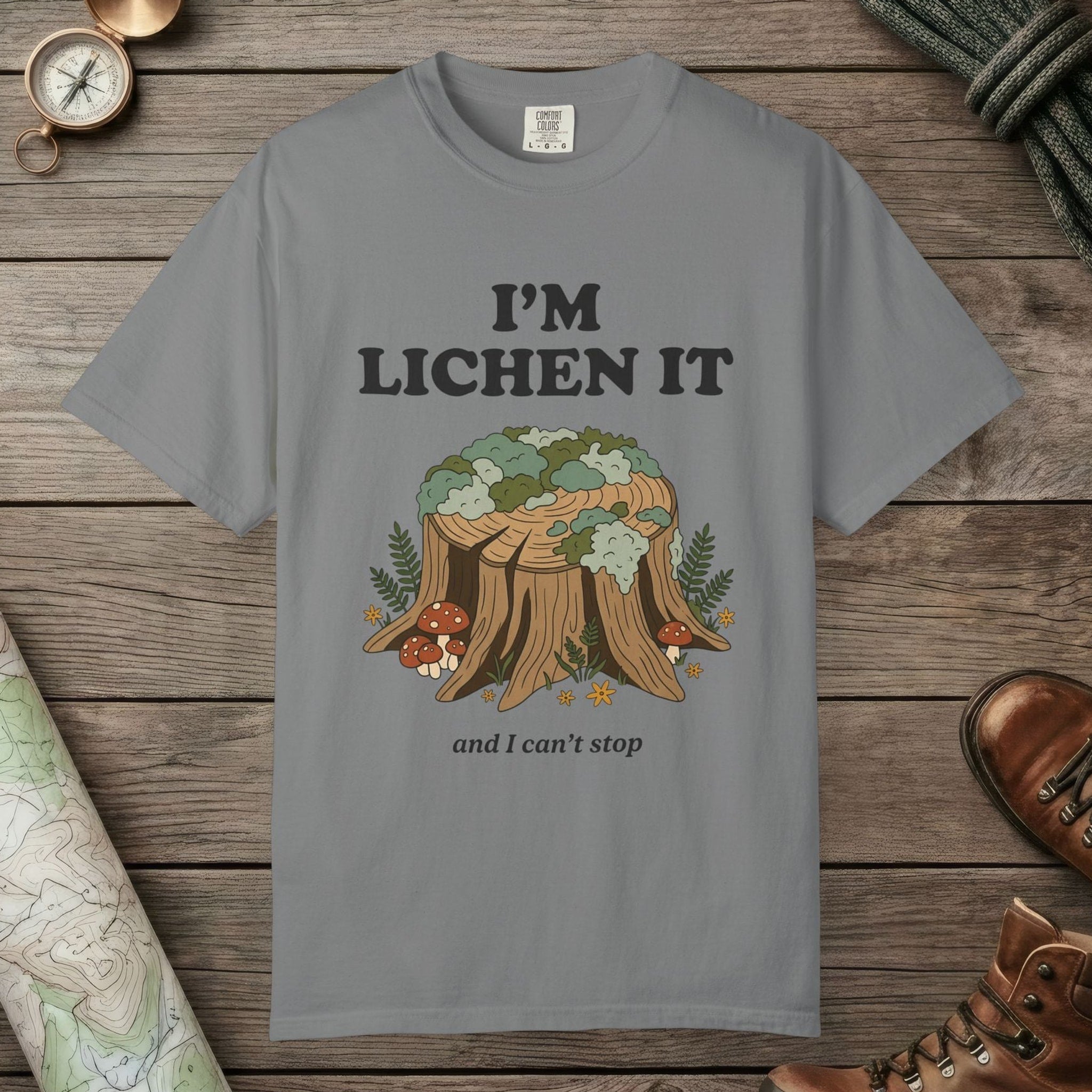 Grey color unisex graphic t-shirt with "I'm Lichen It" design