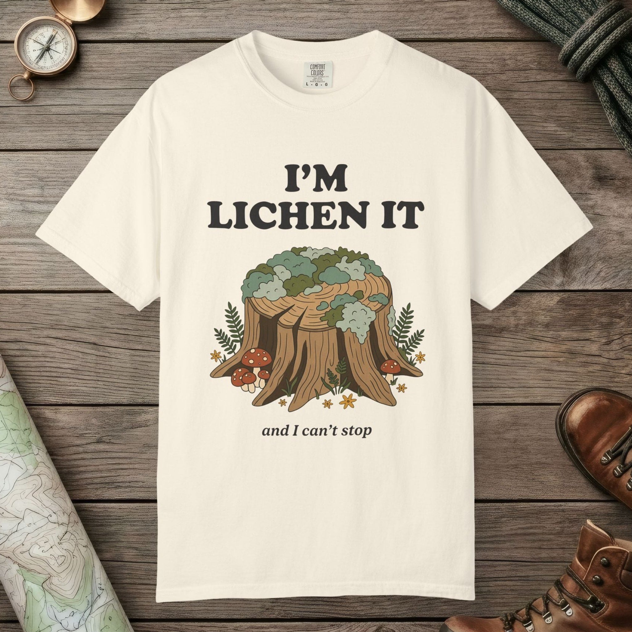 Ivory color unisex graphic t-shirt with "I'm Lichen It" design