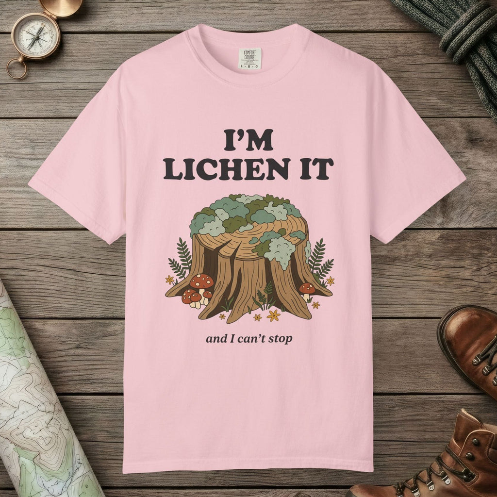 Blossom color unisex graphic t-shirt with "I'm Lichen It" design