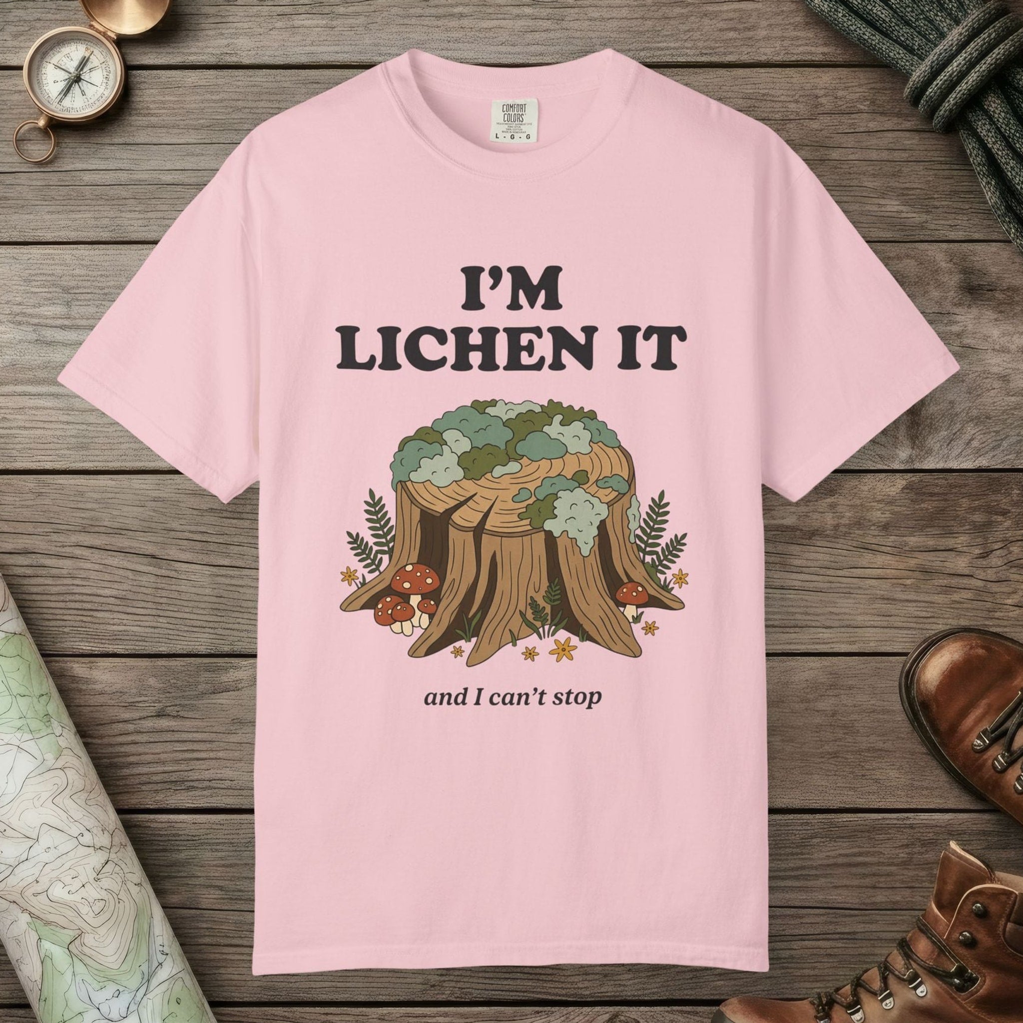 Blossom color unisex graphic t-shirt with "I'm Lichen It" design