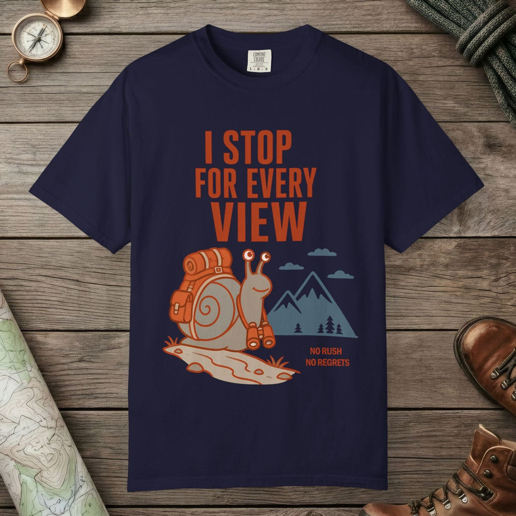 True Navy color unisex graphic t-shirt with "I Stop For Every View" design