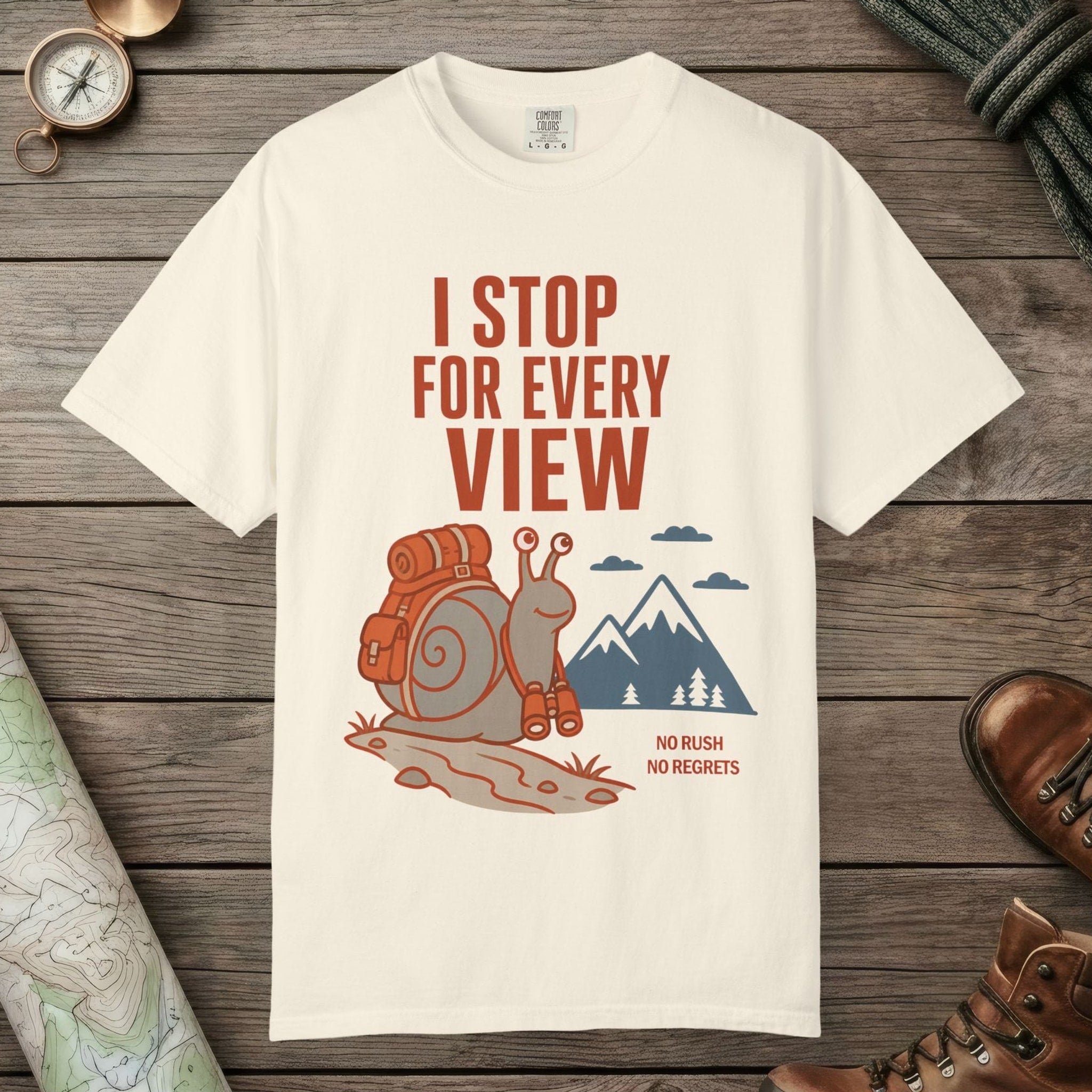 Ivory color unisex graphic t-shirt with "I Stop For Every View" design
