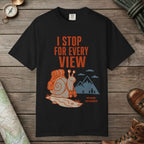 Black color unisex graphic t-shirt with "I Stop For Every View" design