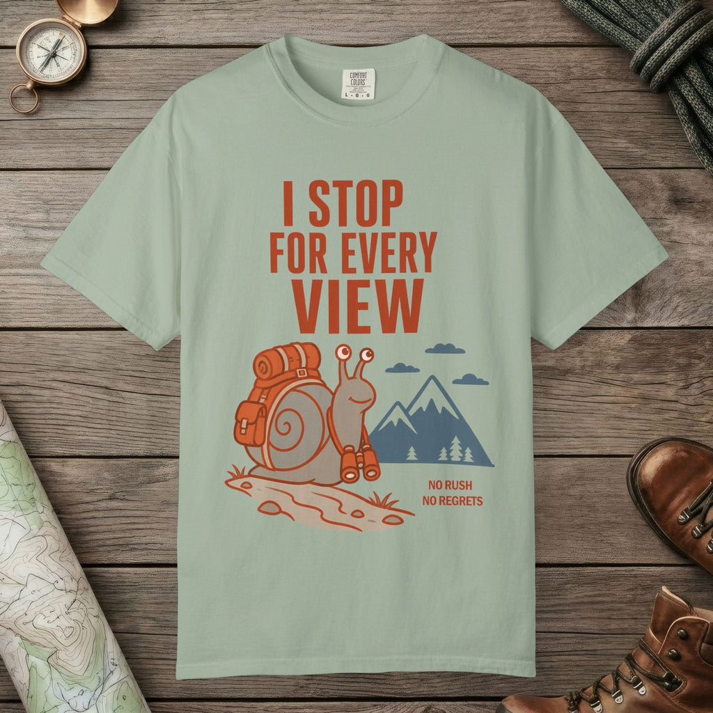 Bay color unisex graphic t-shirt with "I Stop For Every View" design