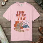 Blossom color unisex graphic t-shirt with "I Stop For Every View" design