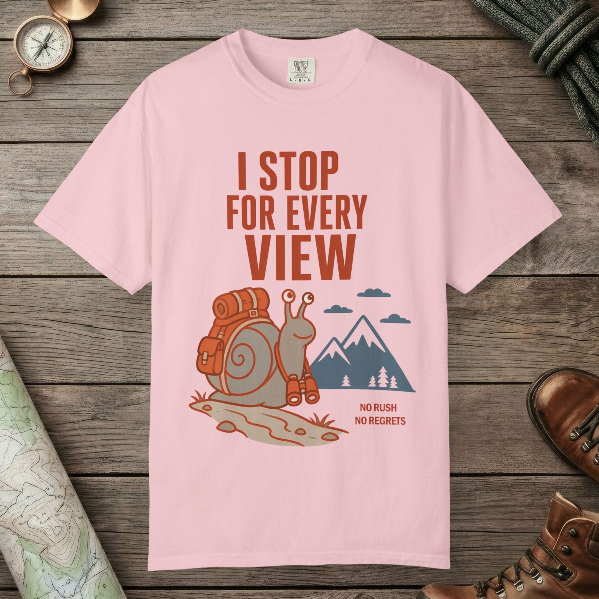 Blossom color unisex graphic t-shirt with "I Stop For Every View" design