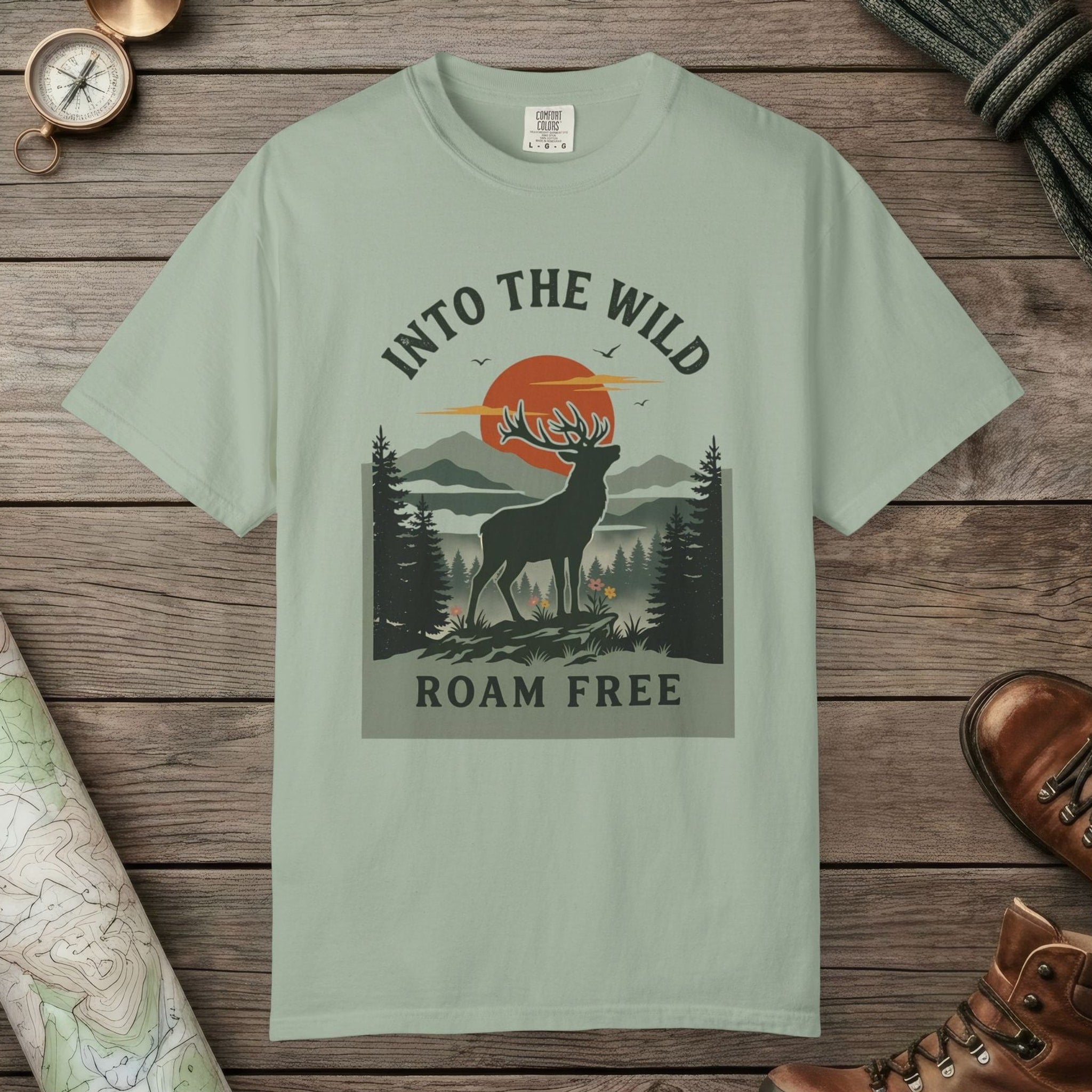 Bay color unisex graphic t-shirt with "Into The Wild Vintage" design