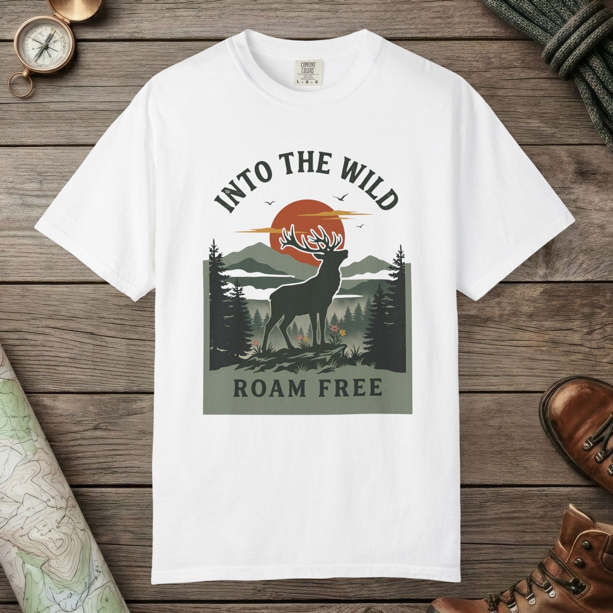 White color unisex graphic t-shirt with "Into The Wild Vintage" design
