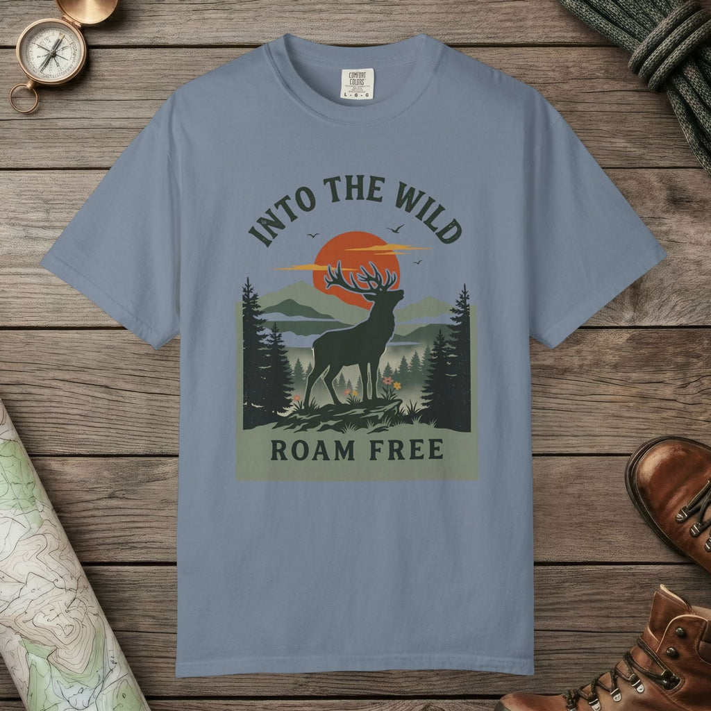 Blue Jean color unisex graphic t-shirt with "Into The Wild Vintage" design