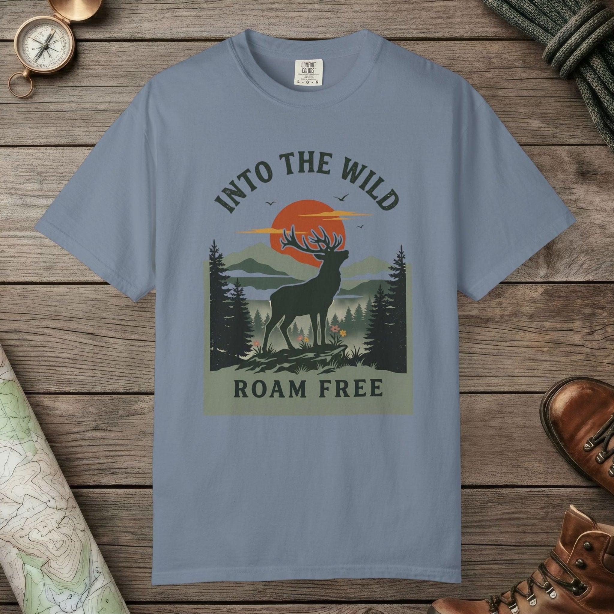 Blue Jean color unisex graphic t-shirt with "Into The Wild Vintage" design