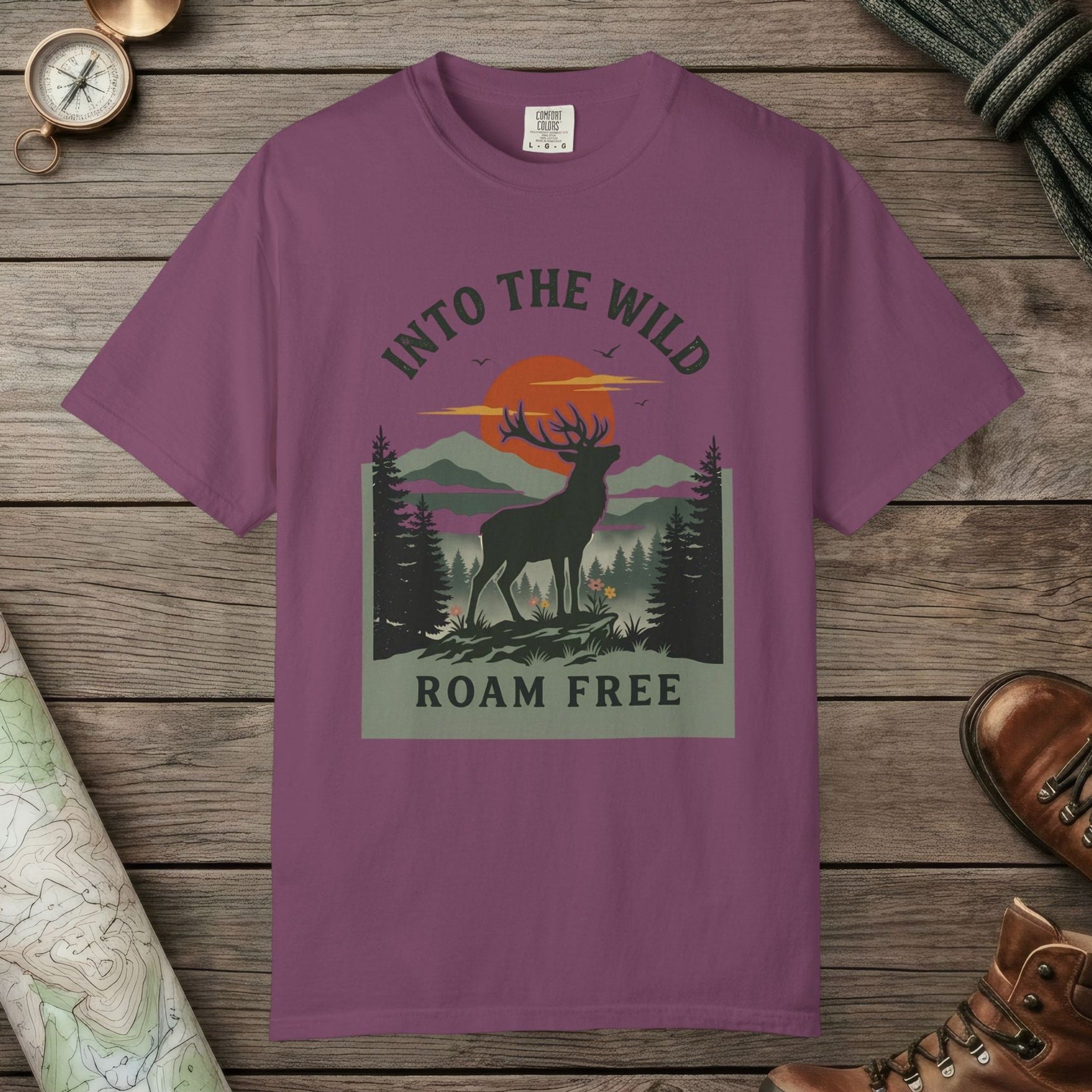Berry color unisex graphic t-shirt with "Into The Wild Vintage" design