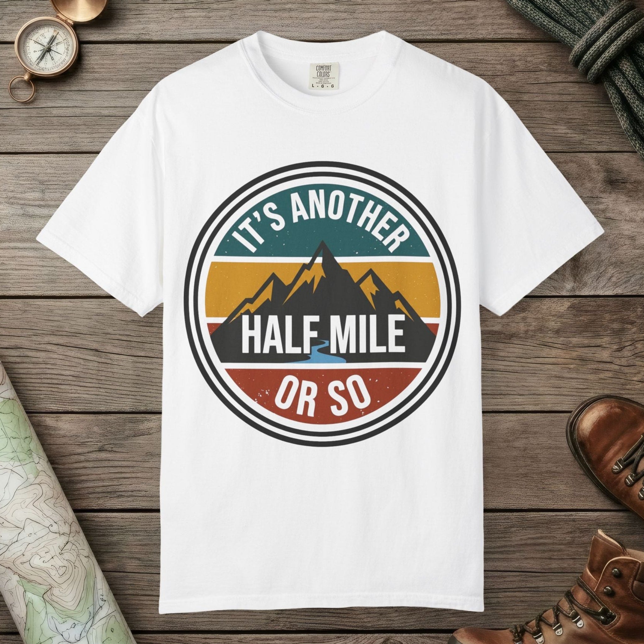 White color unisex graphic t-shirt with "It's Another Half Mile" design
