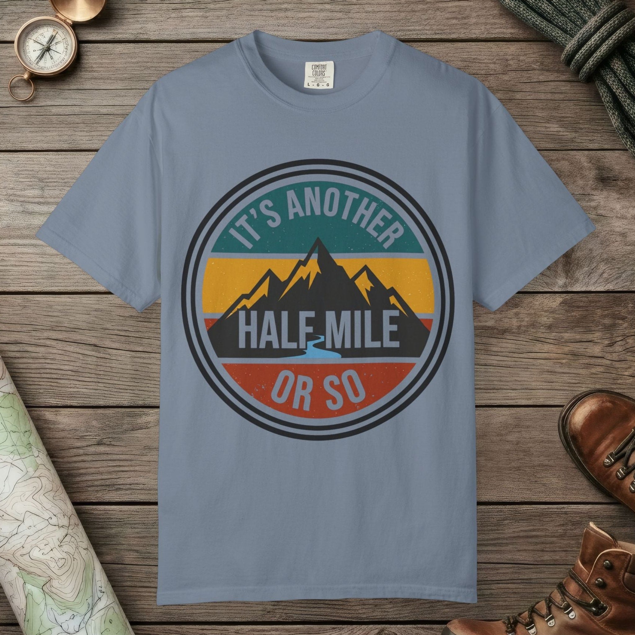 Blue Jean color unisex graphic t-shirt with "It's Another Half Mile" design