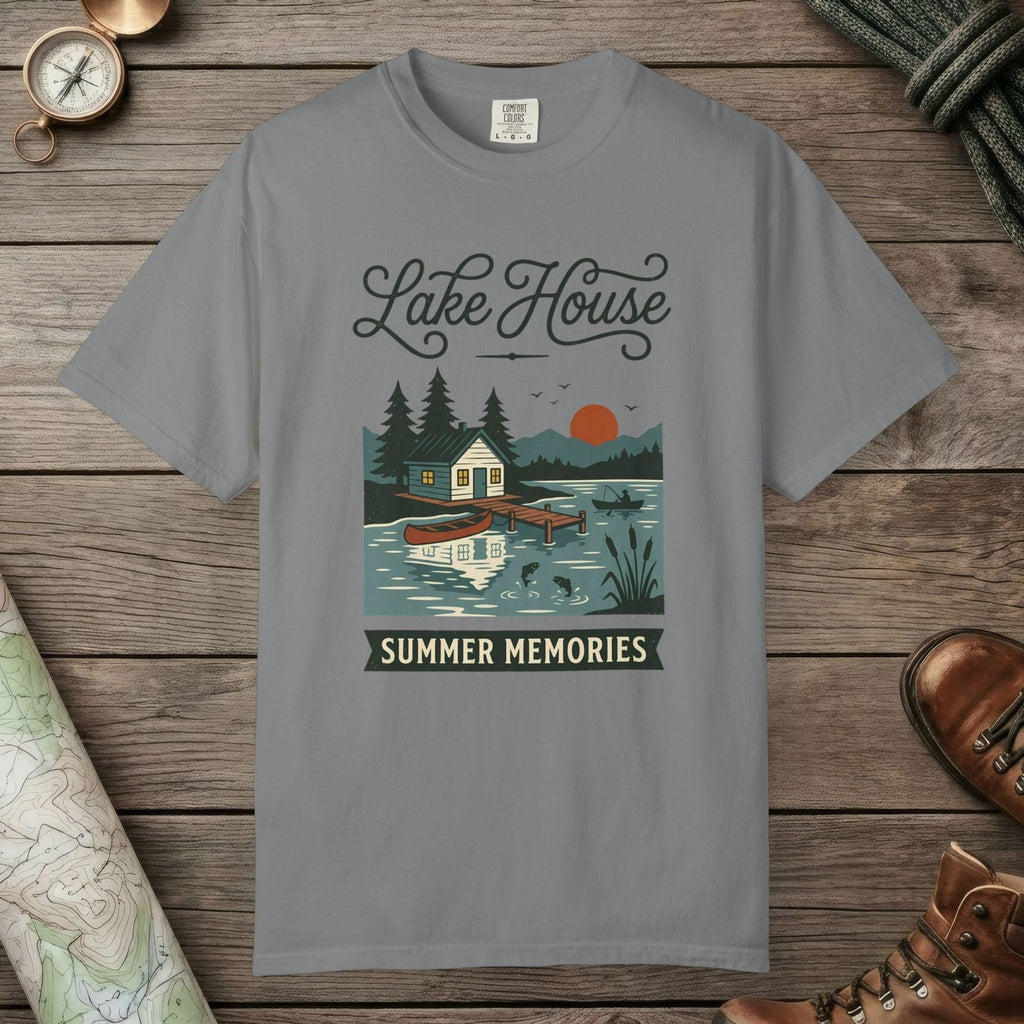 Grey color unisex graphic t-shirt with "Lake House Vintage" design