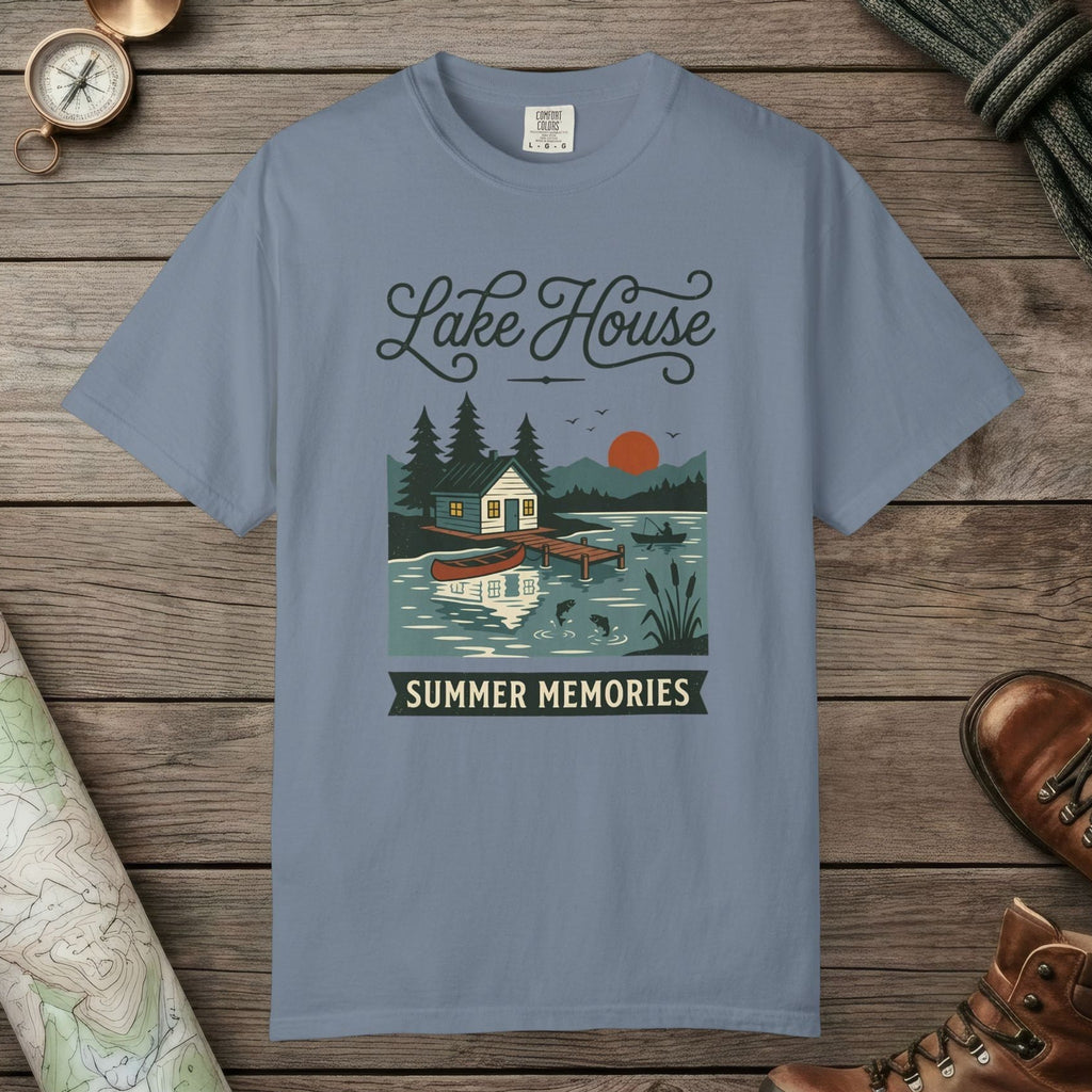 Blue Jean color unisex graphic t-shirt with "Lake House Vintage" design