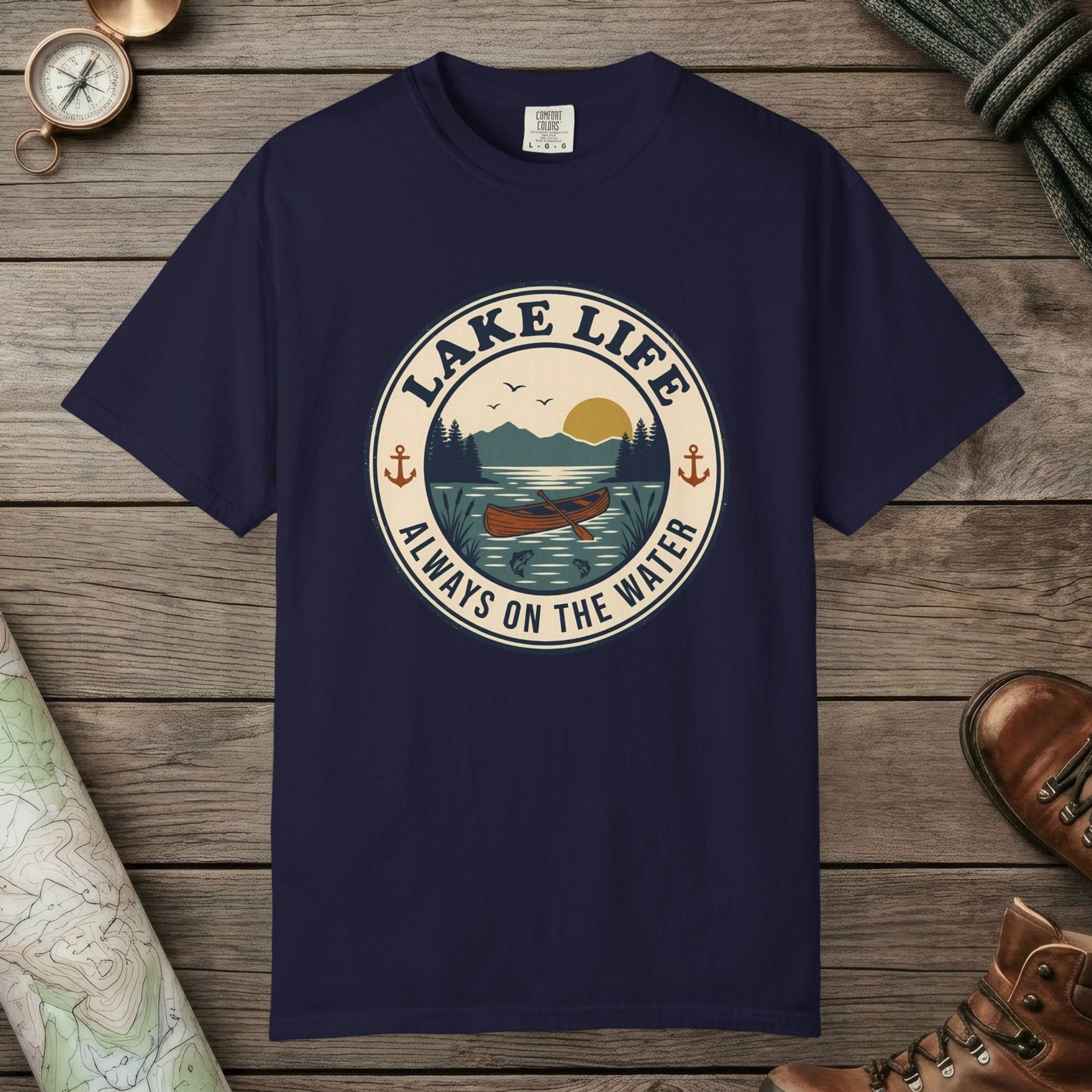 True Navy color unisex graphic t-shirt with "Lake Life Vintage" design