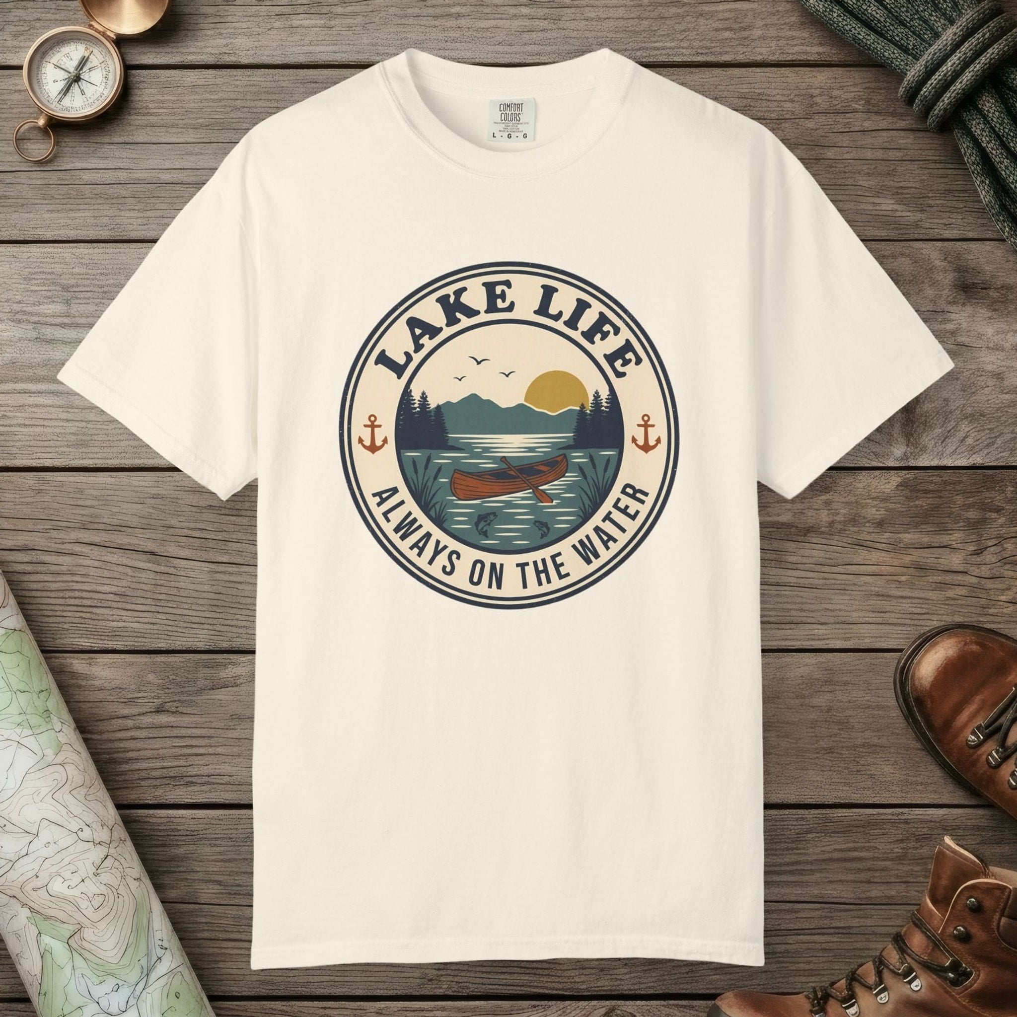 Ivory color unisex graphic t-shirt with "Lake Life Vintage" design
