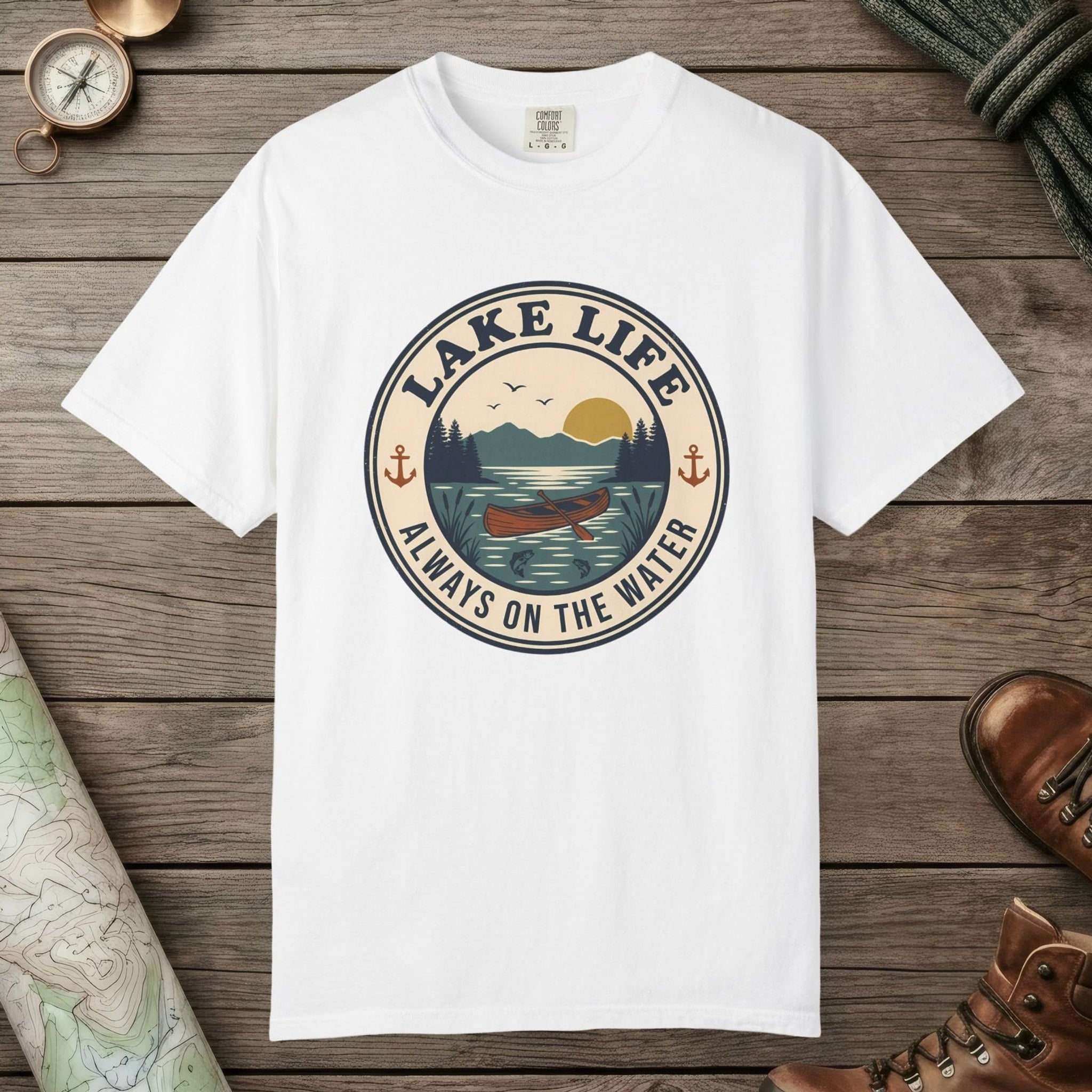 White color unisex graphic t-shirt with "Lake Life Vintage" design