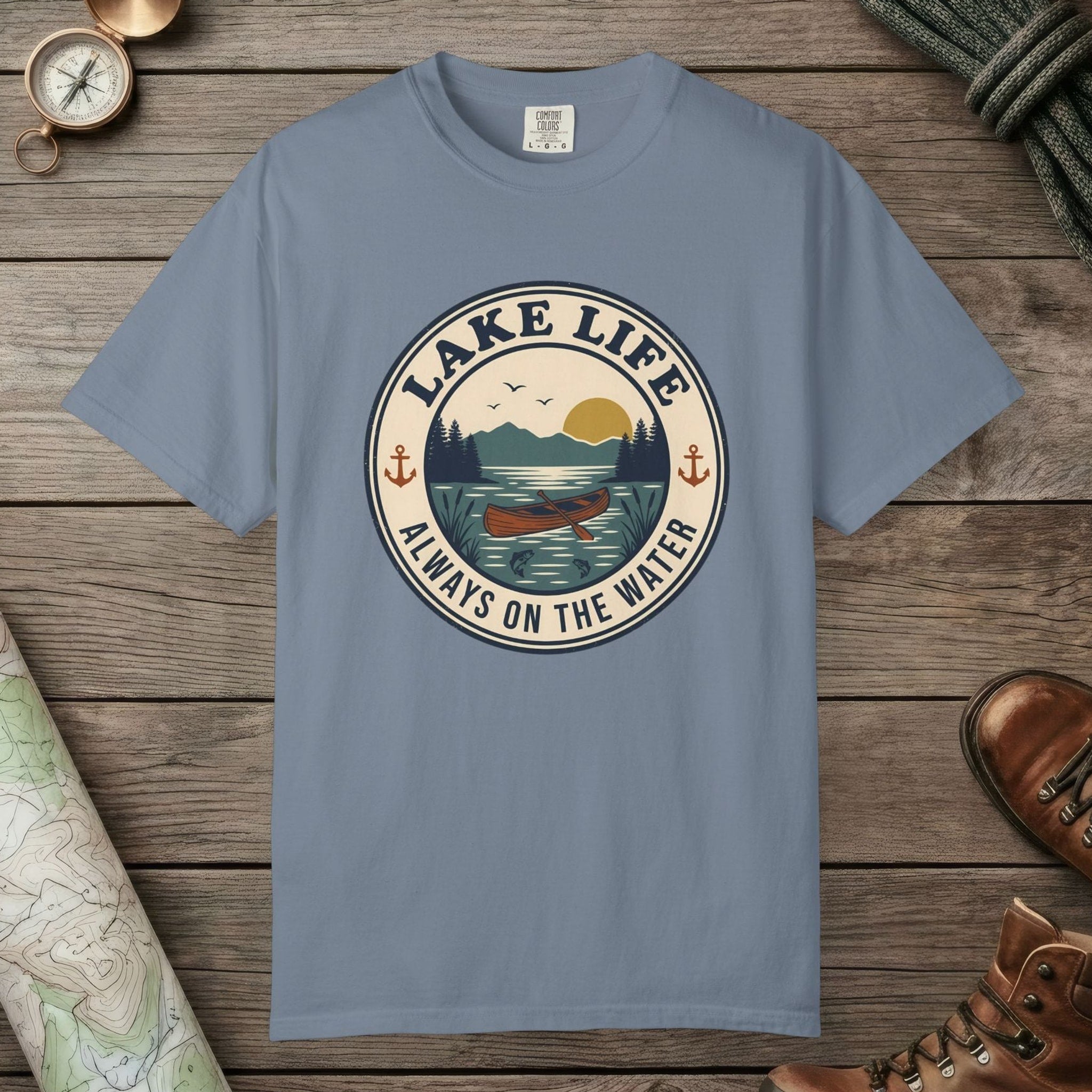 Blue Jean color unisex graphic t-shirt with "Lake Life Vintage" design