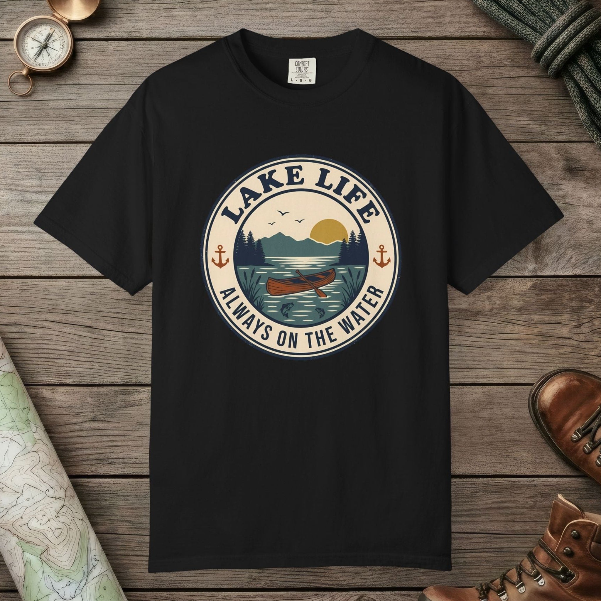 Black color unisex graphic t-shirt with "Lake Life Vintage" design