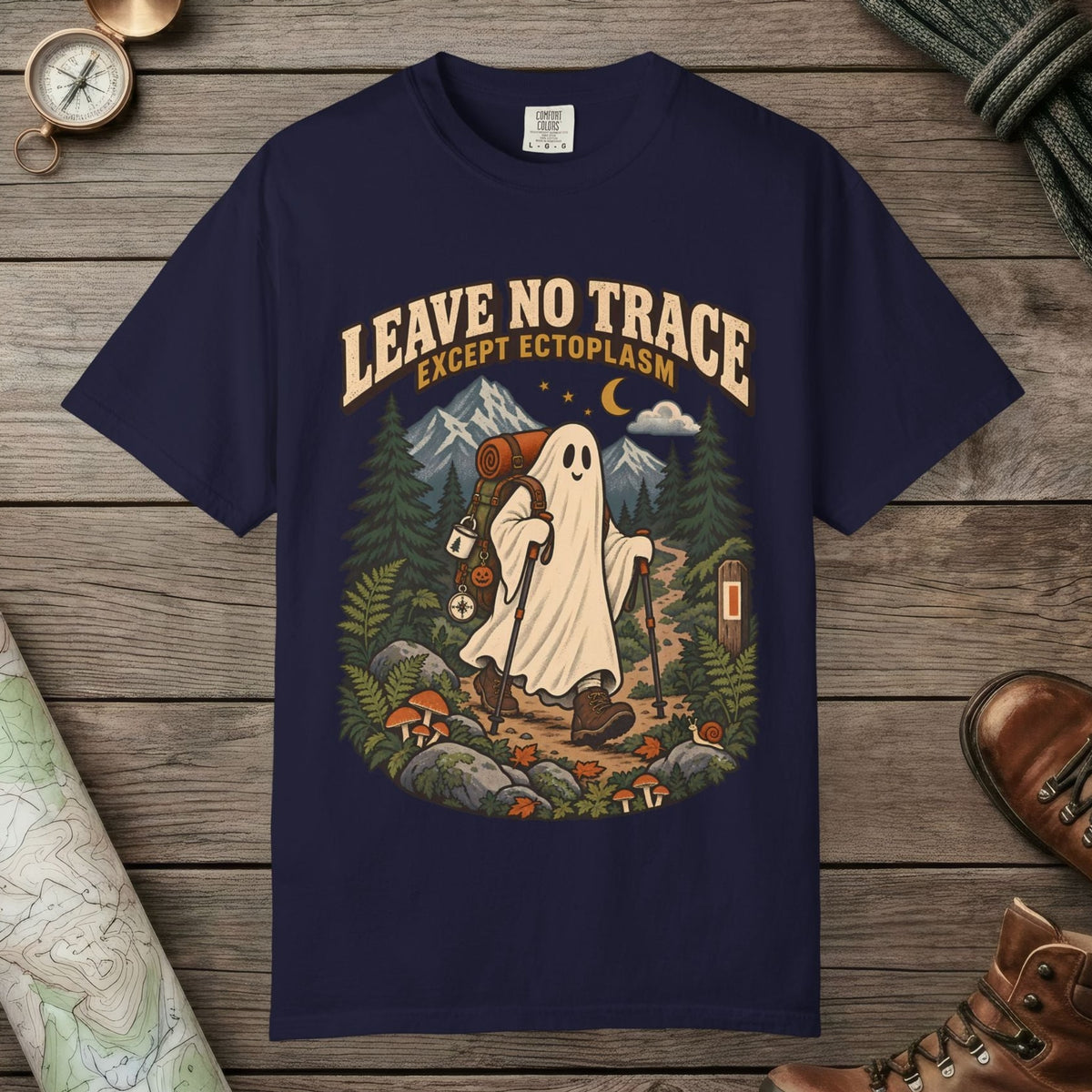 True Navy color unisex graphic t-shirt with "Leave No Trace" design