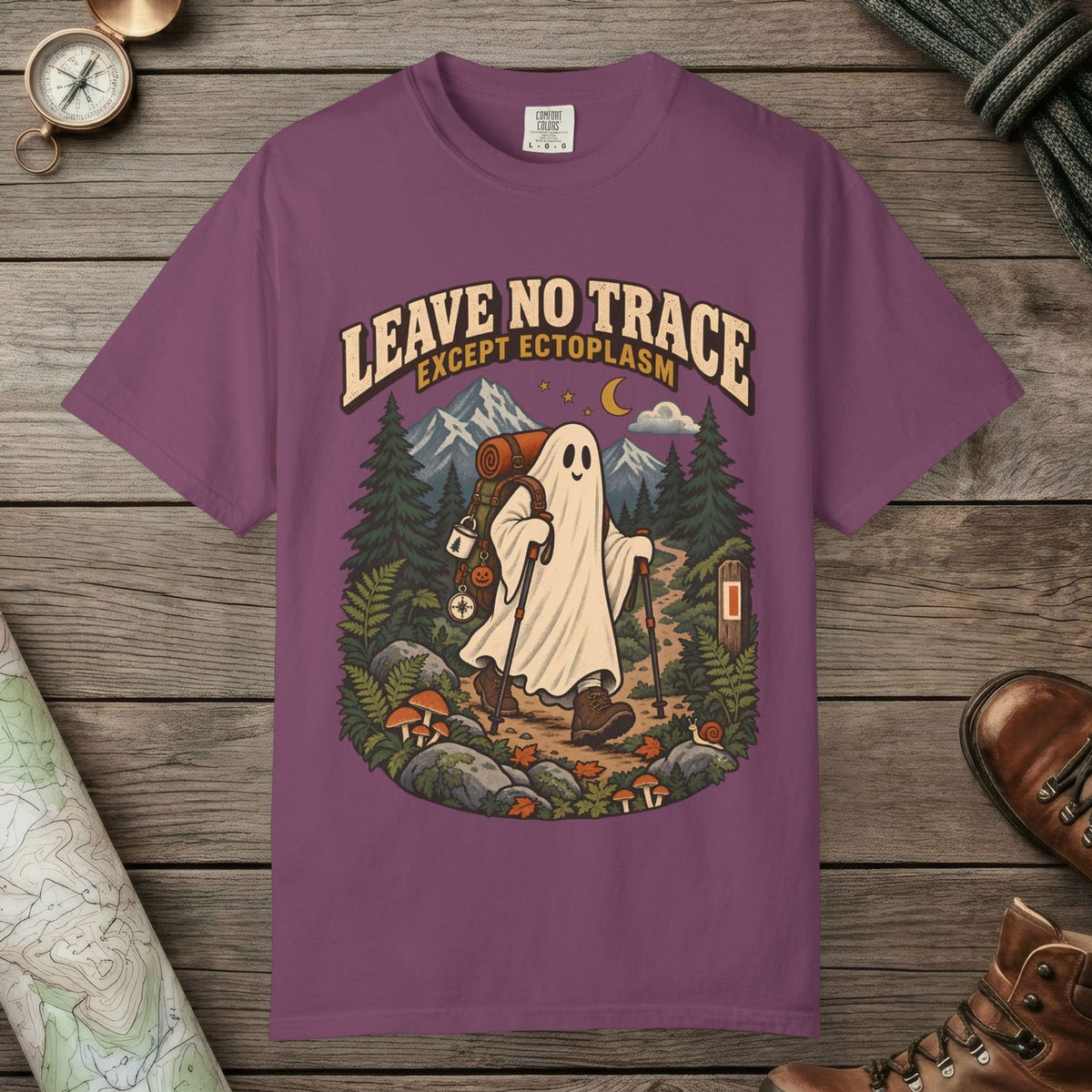 Berry color unisex graphic t-shirt with "Leave No Trace" design