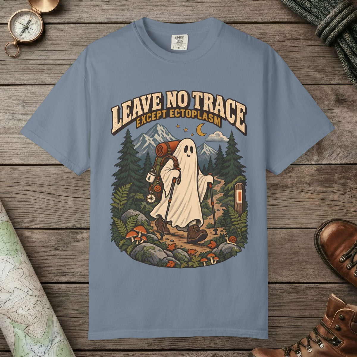 Blue Jean color unisex graphic t-shirt with "Leave No Trace" design