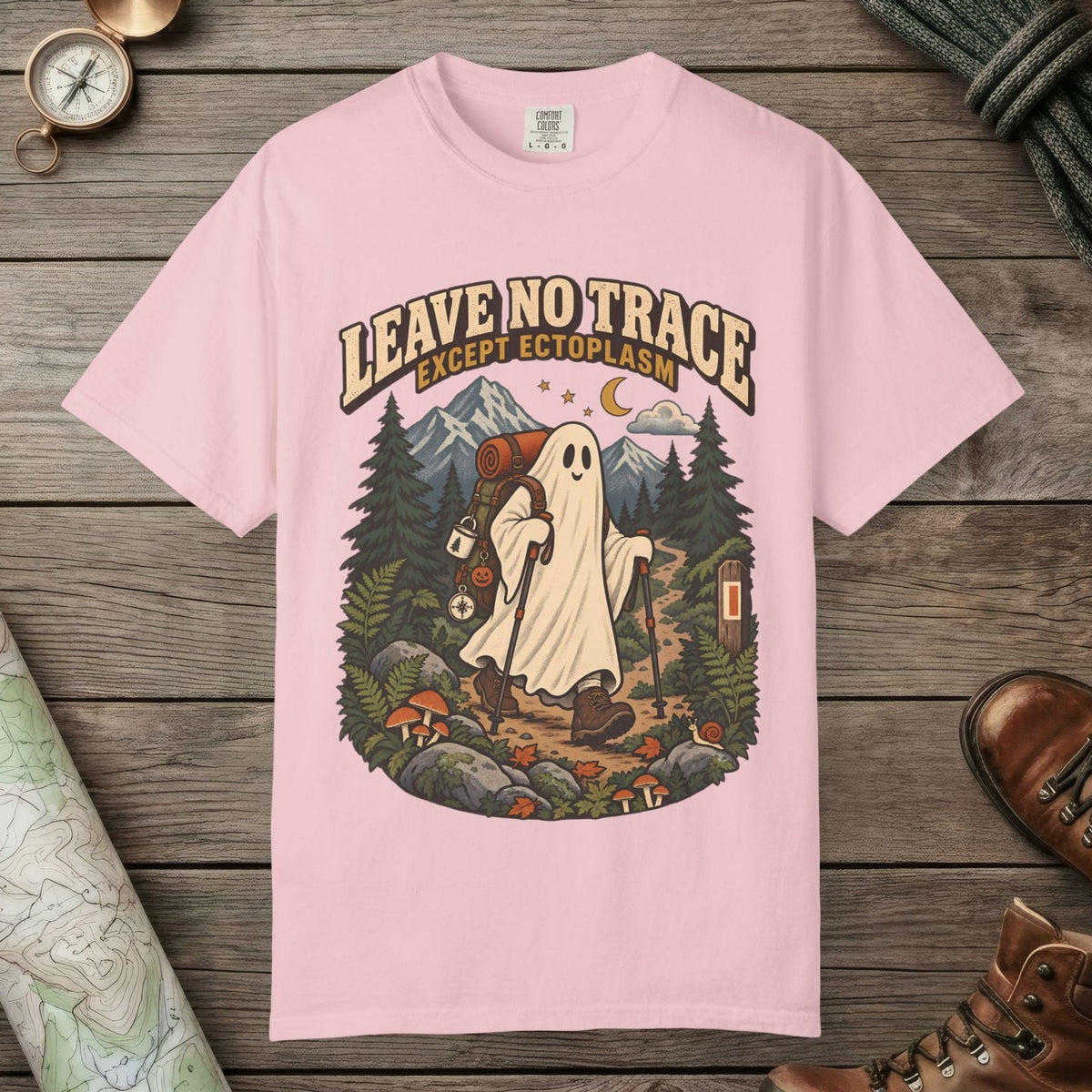 Blossom color unisex graphic t-shirt with "Leave No Trace" design