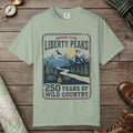 Bay color unisex graphic t-shirt with "Liberty Peaks" design