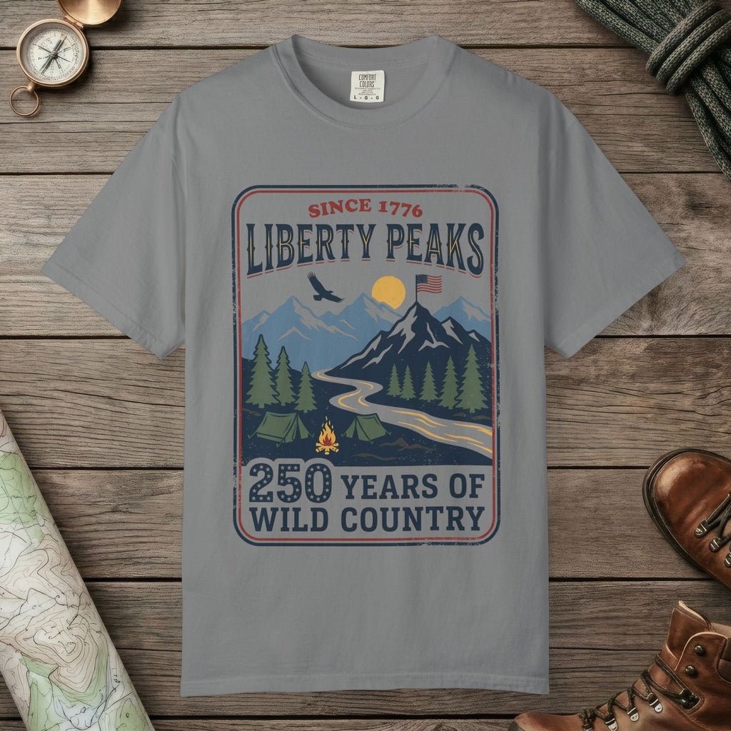 Grey color unisex graphic t-shirt with "Liberty Peaks" design