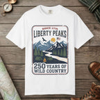 White color unisex graphic t-shirt with "Liberty Peaks" design