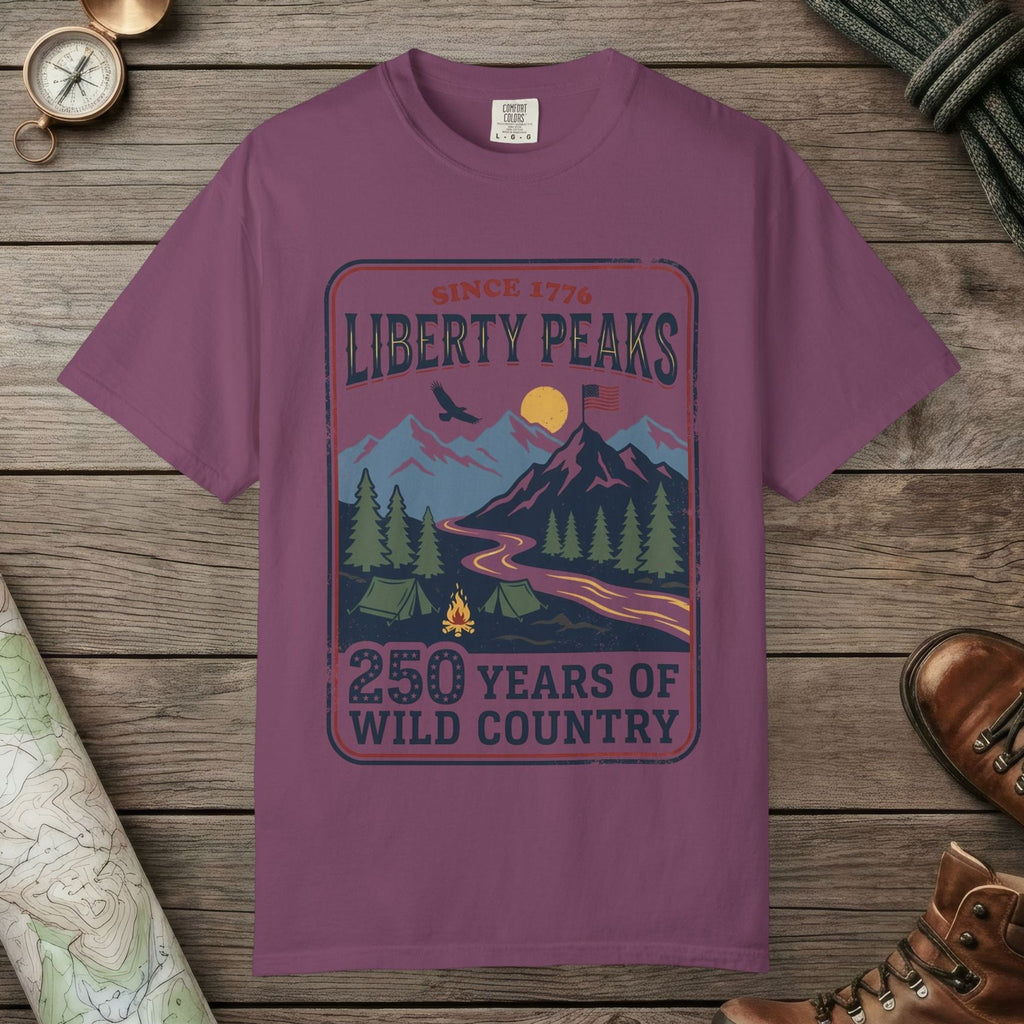 Berry color unisex graphic t-shirt with "Liberty Peaks" design