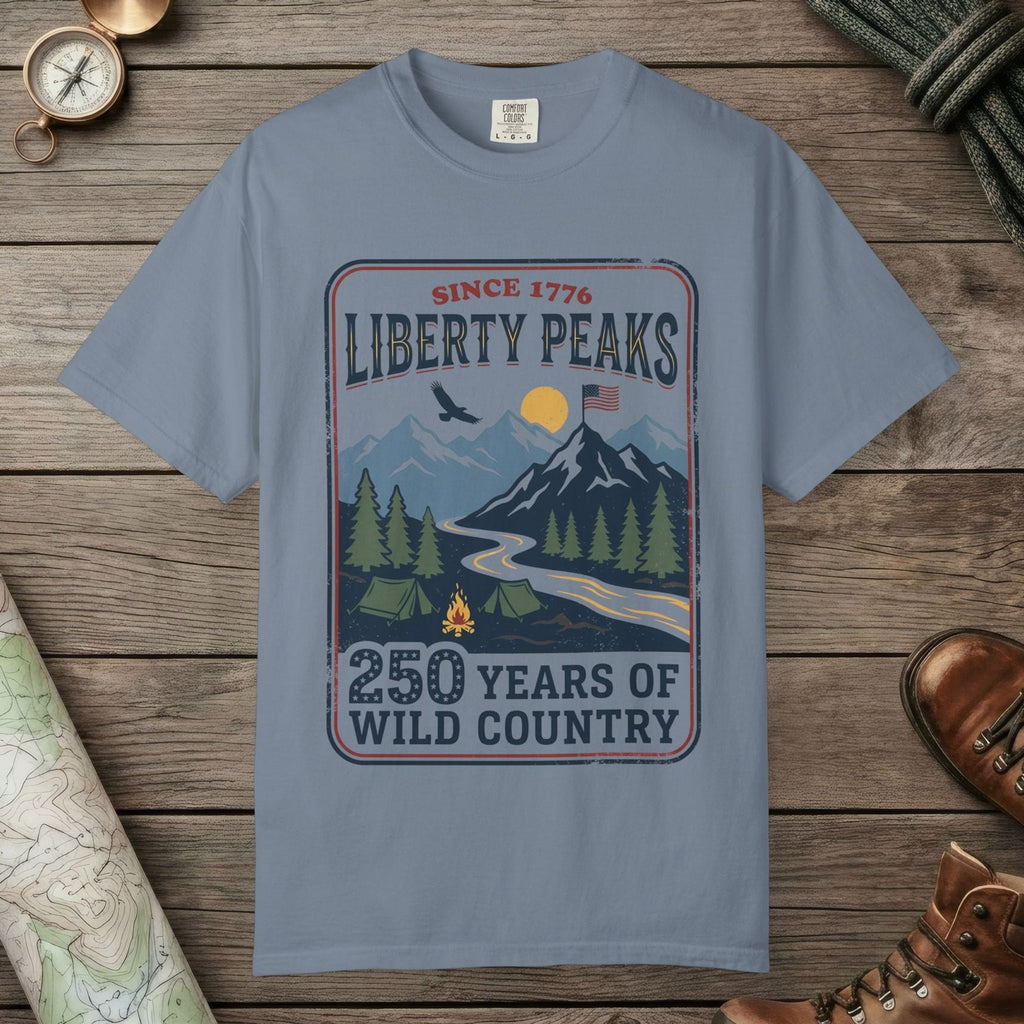 Blue Jean color unisex graphic t-shirt with "Liberty Peaks" design