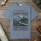Blue Jean color unisex graphic t-shirt with "Liberty Peaks" design