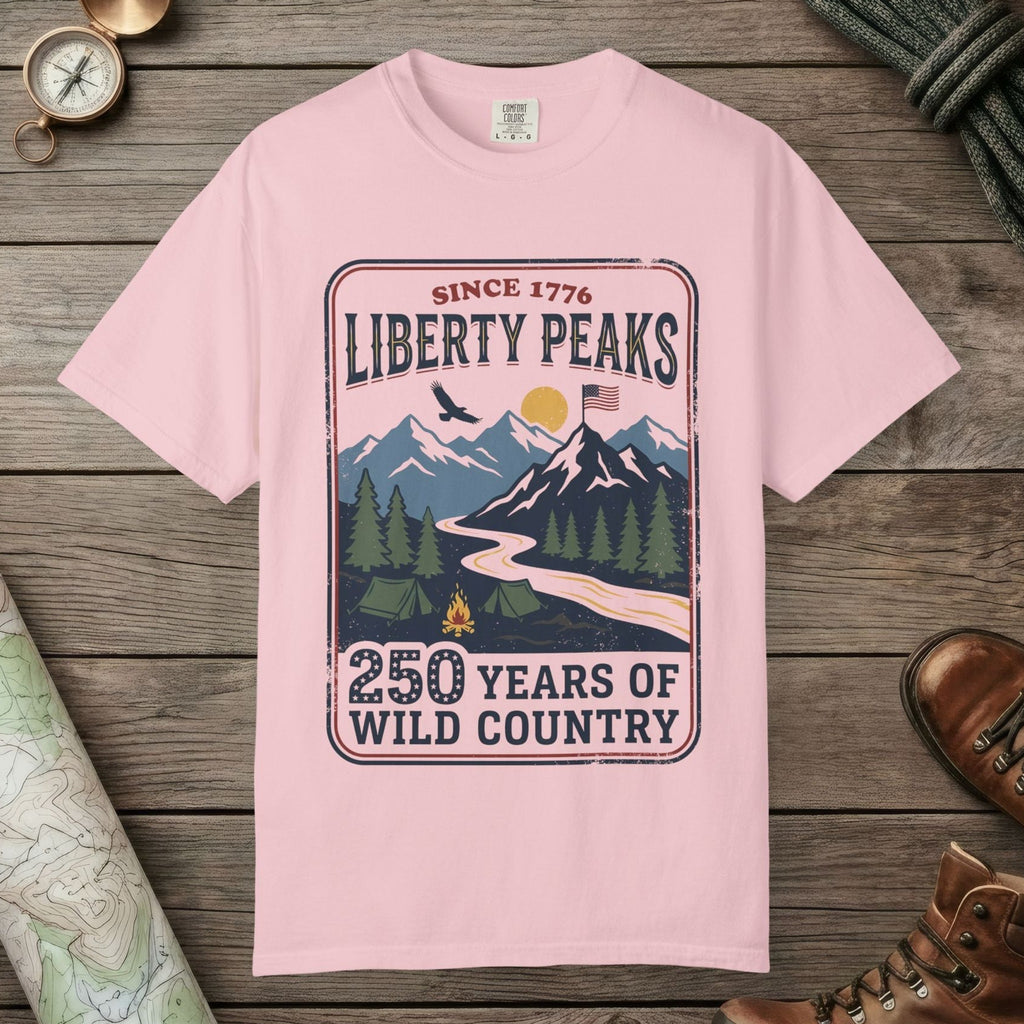 Blossom color unisex graphic t-shirt with "Liberty Peaks" design