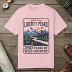 Blossom color unisex graphic t-shirt with "Liberty Peaks" design